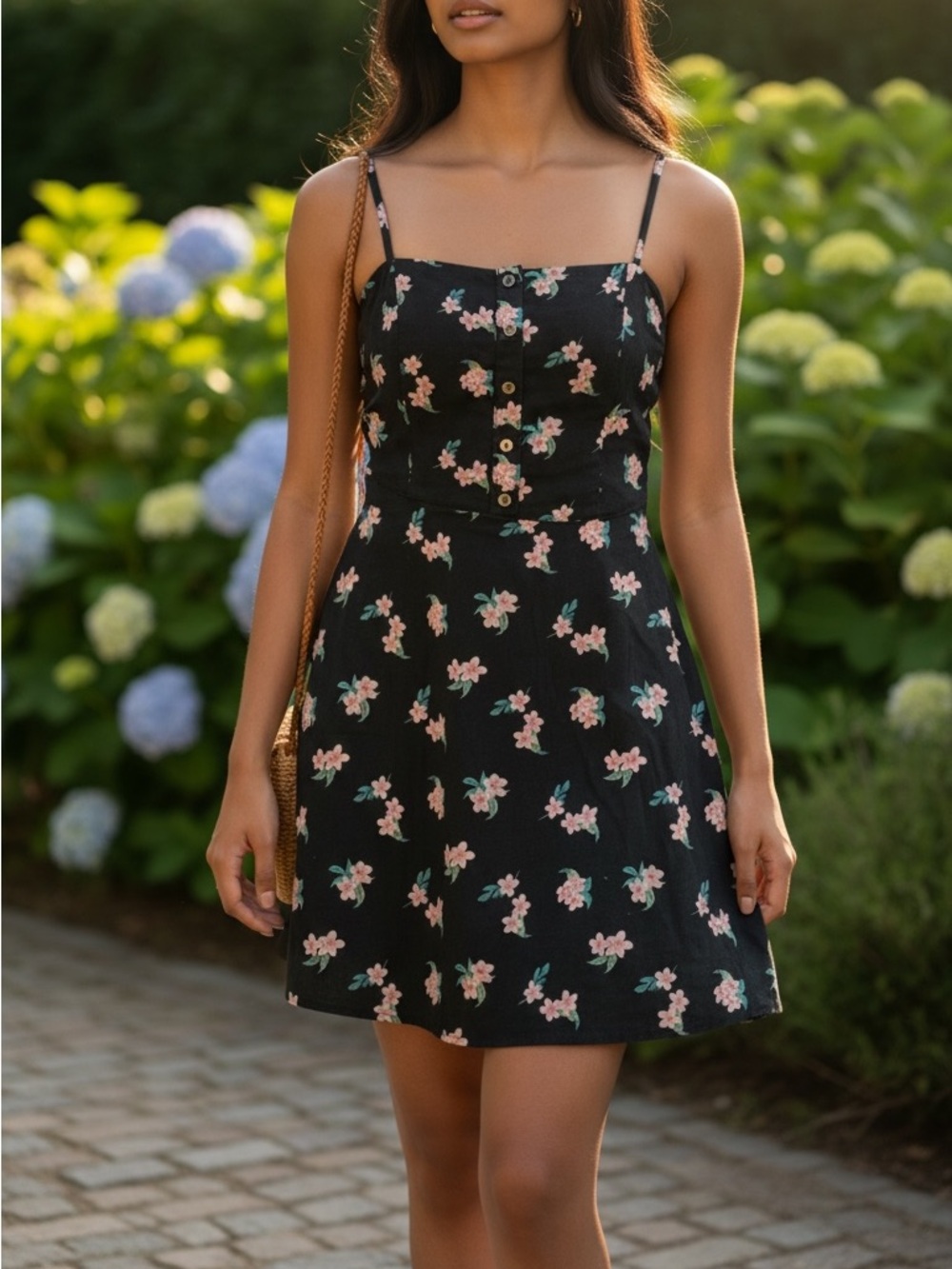 SALE Hollister Black Mini Dress with Pink Floral Print